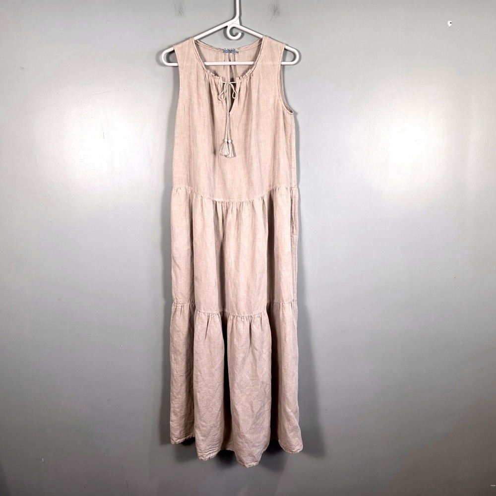 JMcLaughlin Linen Cotton Tiered Maxi Dress Tan Oversized Sleeveless Pocket Small